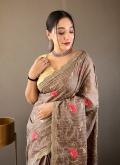 Tussar Silk Designer Traditional Saree in Grey Enhanced with Embroidered - 1
