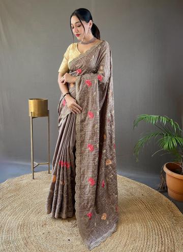Tussar Silk Designer Traditional Saree in Grey Enhanced with Embroidered