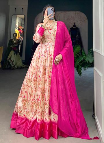 Tussar Silk Readymade Designer Gown in Pink Enhanced with Foil Print