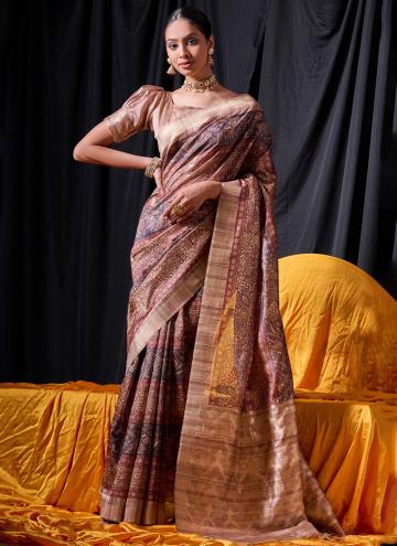 Tussar Silk Trendy Saree in Brown Enhanced with Printed
