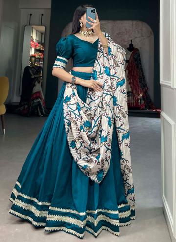 Vichitra Silk A Line Lehenga Choli in Teal Enhanced with Lace