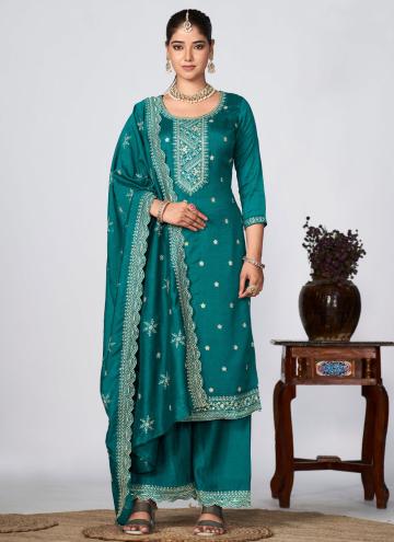 Vichitra Silk Salwar Suit in Rama Enhanced with Embroidered