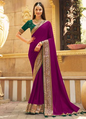 Violet color Embroidered Vichitra Silk Contemporary Saree