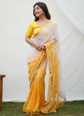White and Yellow color Embroidered Georgette Trendy Saree - 1
