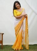 White and Yellow color Embroidered Georgette Trendy Saree - 2