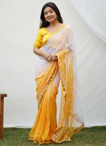 White and Yellow color Embroidered Georgette Trendy Saree