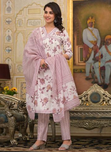 White Designer Salwar Kameez in Cotton  with Floral Print