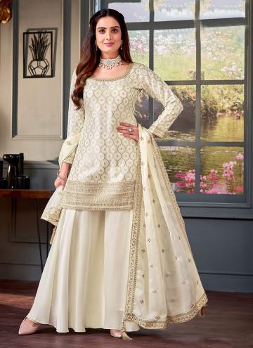 White Georgette Embroidered Palazzo Suit