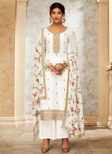 White Georgette Embroidered Salwar Suit for Ceremo