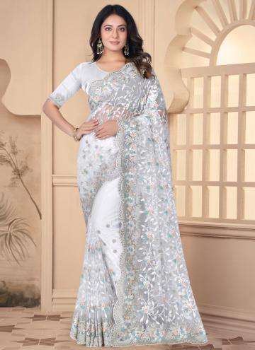 White Trendy Saree in Net with Embroidered