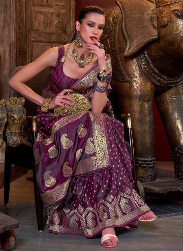 Wine color Satin Silk Contemporary Saree with Woven