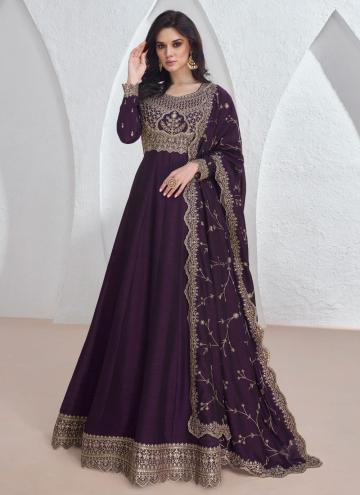 Wine Designer Gown in Silk with Embroidered