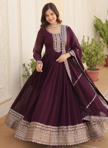 Wine Faux Georgette Embroidered Gown for Ceremonial