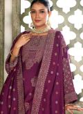 Wine Pashmina Embroidered Pant Style Suit for Ceremonial - 1