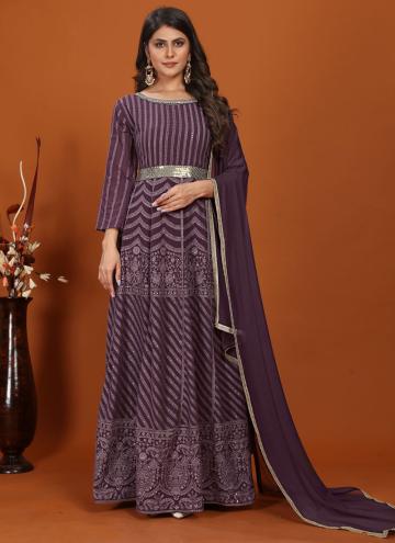 Wine Readymade Designer Gown in Faux Georgette wit