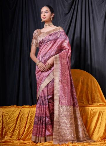 Wine Tussar Silk Printed Trendy Saree for Ceremoni