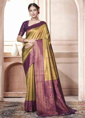Woven Kanjivaram Silk Mustard and Purple Trendy Saree