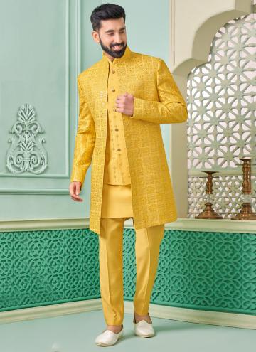 Yellow Art Banarasi Silk Embroidered Indo Western for Engagement