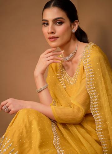 Yellow Chiffon Swarovski Trendy Salwar Kameez for Ceremonial