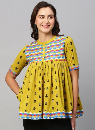 Yellow color Cotton  Party Wear Kurti with Printed