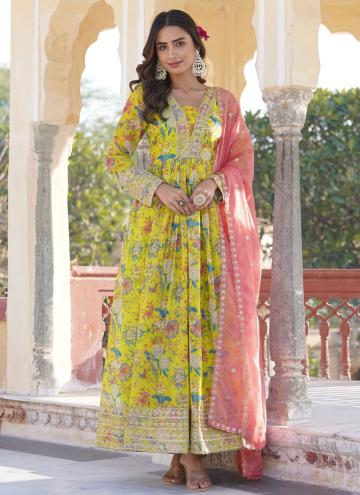 Yellow color Digital Print Silk Gown