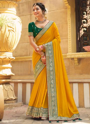 Yellow color Embroidered Vichitra Silk Classic Designer Saree