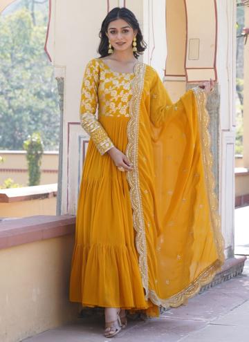 Yellow color Embroidered Viscose Gown