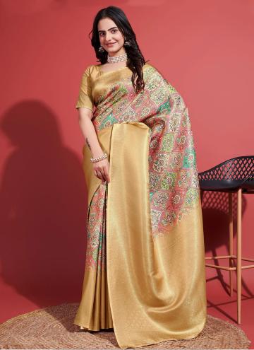 Yellow color Silk Designer Saree with Digital Print