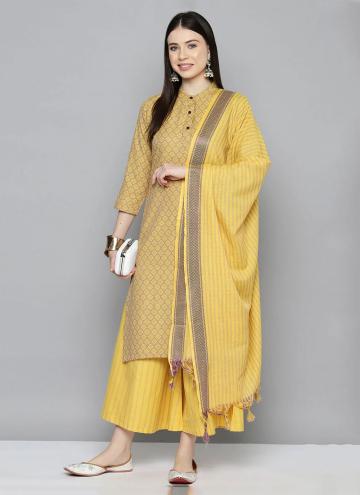 Yellow Cotton  Strips Print Trendy Salwar Kameez
