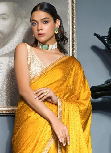 Yellow Designer Saree in Satin with Floral Print