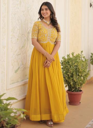 Yellow Faux Georgette Embroidered Readymade Designer Gown