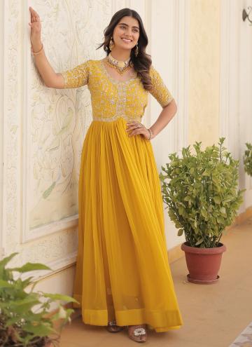 Yellow Faux Georgette Embroidered Readymade Designer Gown