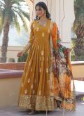 Yellow Faux Georgette Embroidered Readymade Designer Gown for Ceremonial - 1