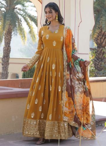 Yellow Faux Georgette Embroidered Readymade Designer Gown for Ceremonial