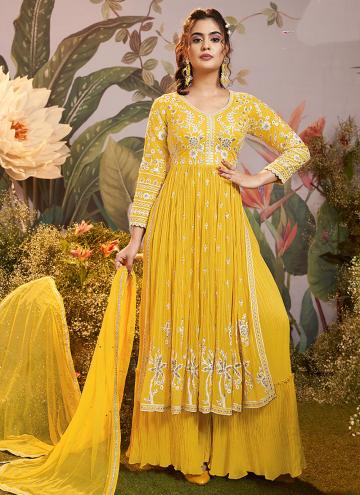 Yellow Georgette Embroidered Palazzo Suit for Ceremonial