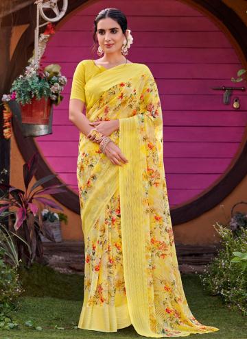 Yellow Georgette Printed Designer Saree for Ceremonial