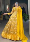 Yellow Gown in Tussar Silk with Foil Print - 3