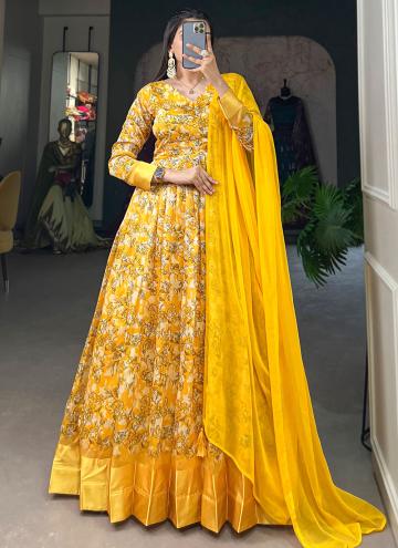 Yellow Gown in Tussar Silk with Foil Print
