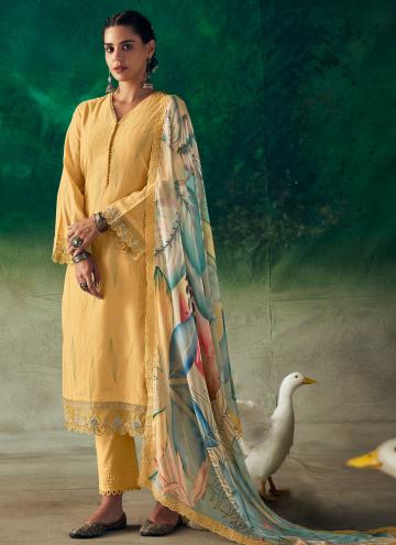 Yellow Muslin Embroidered Salwar Suit