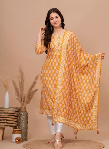Yellow Readymade Designer Salwar Suit in Muslin with Print